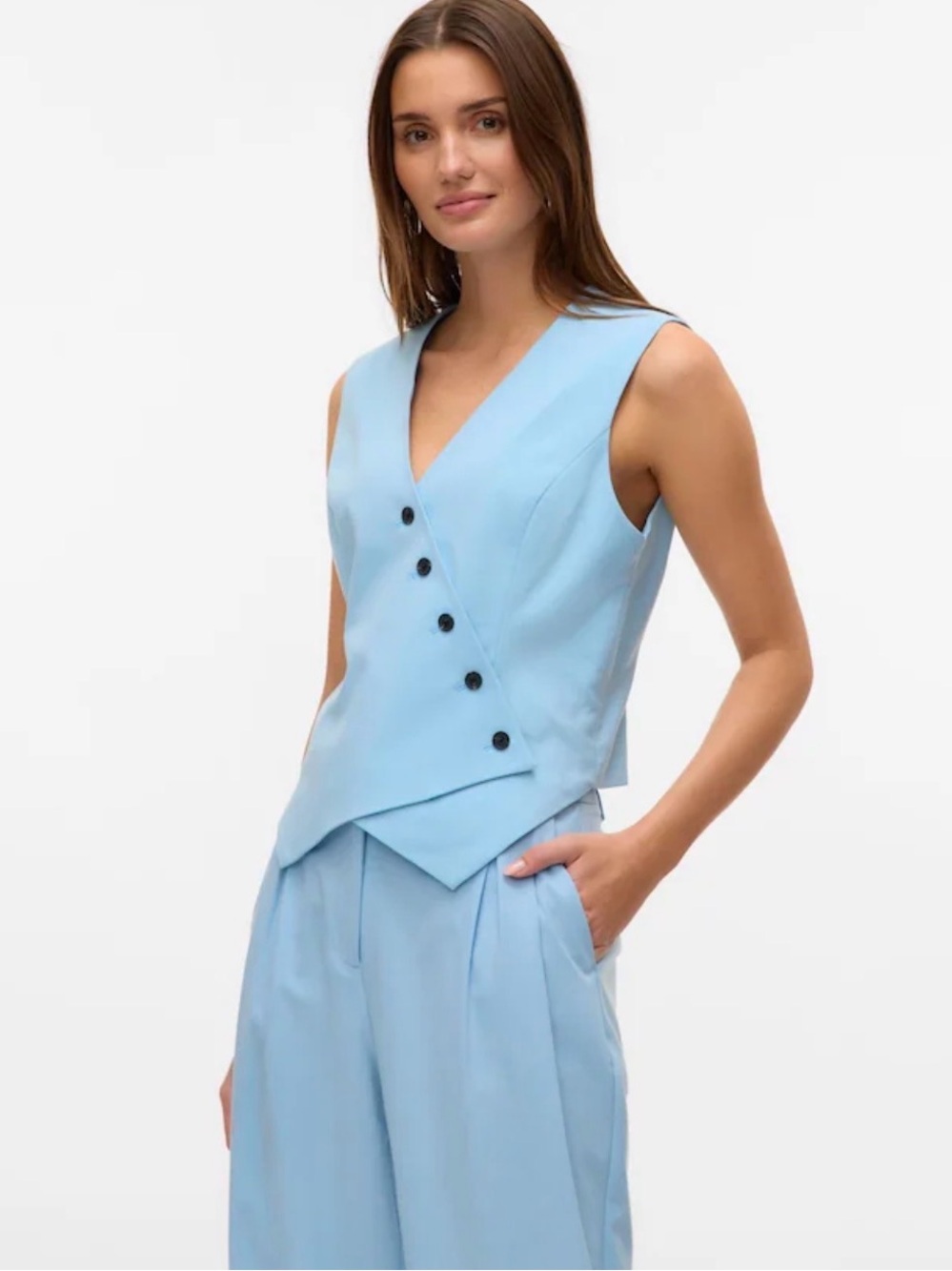 🐬 NWT Vero Moda Sky Baby Blue Asymmetric Button Vest/Waistcoat
